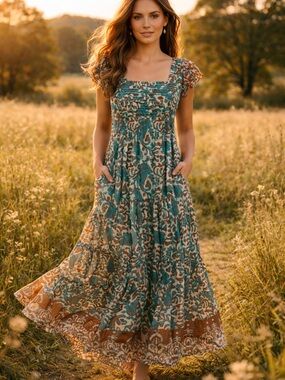 House of Harlow 1960 Boho Maxi Dress Open Back Tie Tiered Ruffle Vintage SZ L